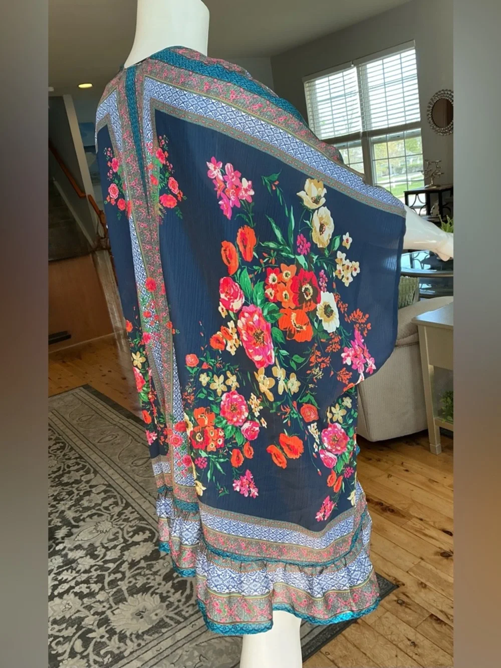 Umgee Boho Flowy Draped Ruffle Kimono Wrap Summer Relaxed Hippie Vibe SZ M/L